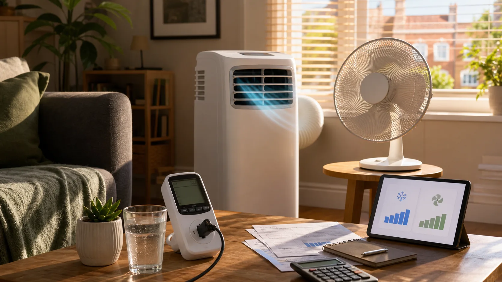 Aircon vs fan running costs in a UK heatwave — a fan costs about 1p per hour, a portable air conditioner 21 to 37p per hour