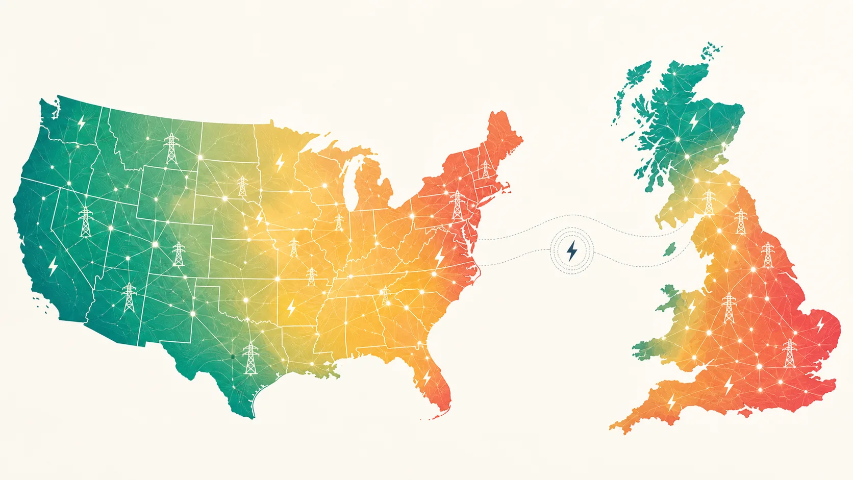 Maps of average electricity prices by US state and UK region in 2026, coloured cheapest (green) to most expensive (red)